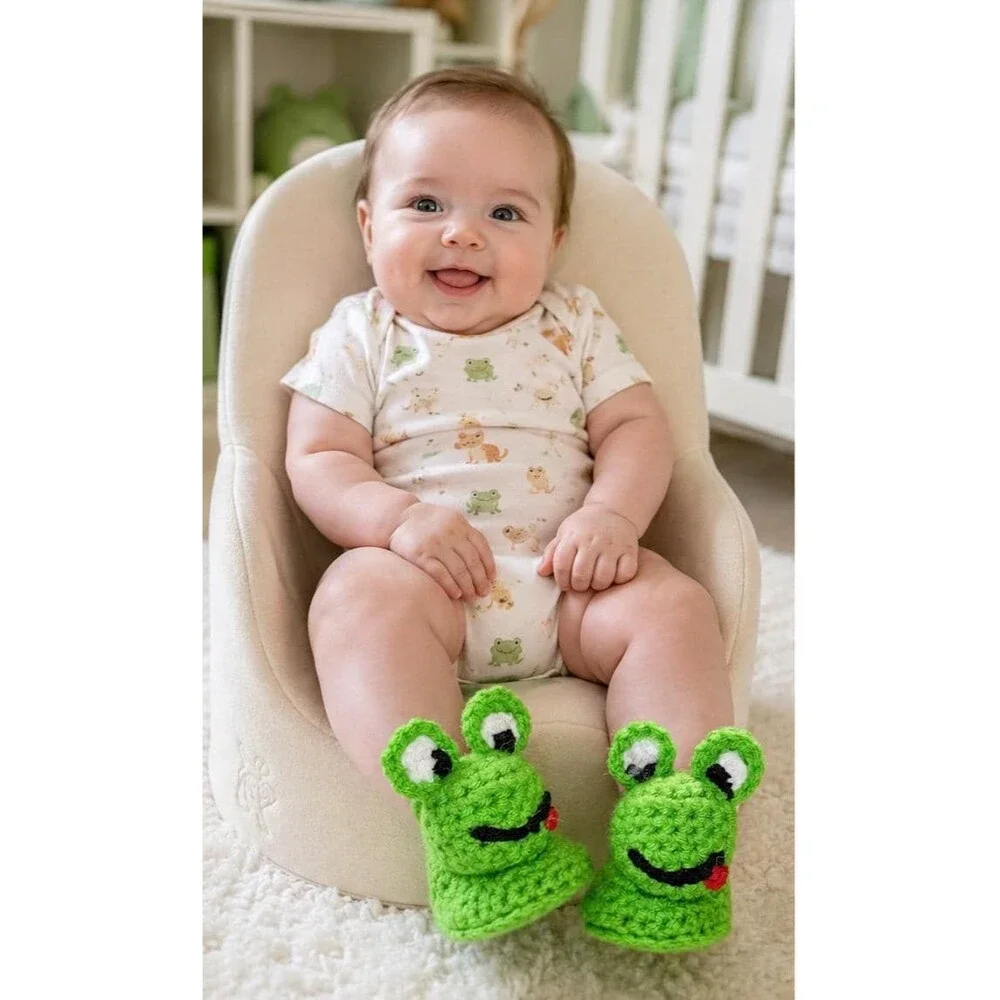 Handmade Crochet Frog Baby Booties – Felt-Lined Newborn Slippers (0-3 Months)